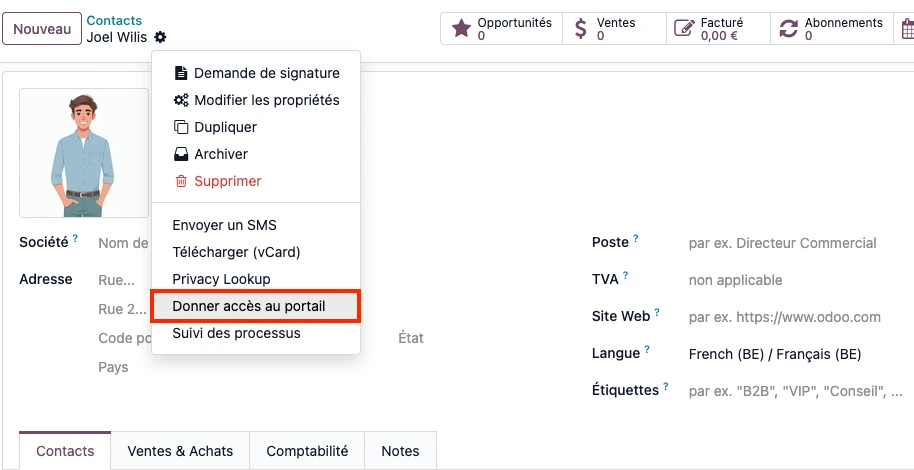 fiche contact capture donner un accès au portail Odoo